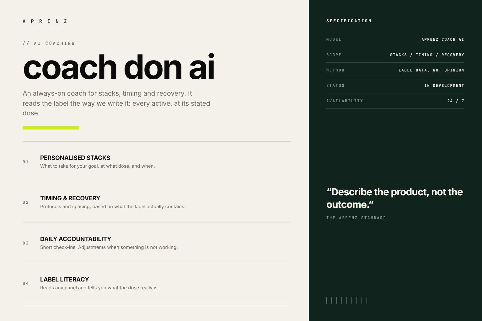 Coach Don AI. APRENZ AI coaching: personalized stacks, training and recovery, daily accountability, performance insights.